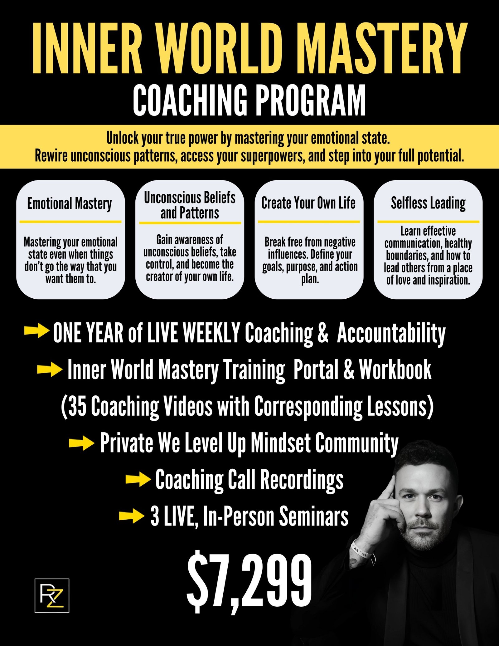 The ultimate life and business coaching offer, Inner-world mastery. Ryan Zofay's masterminds course offers lessons, community, and strategies. Learn how to master your emotions to unleash your true potential.