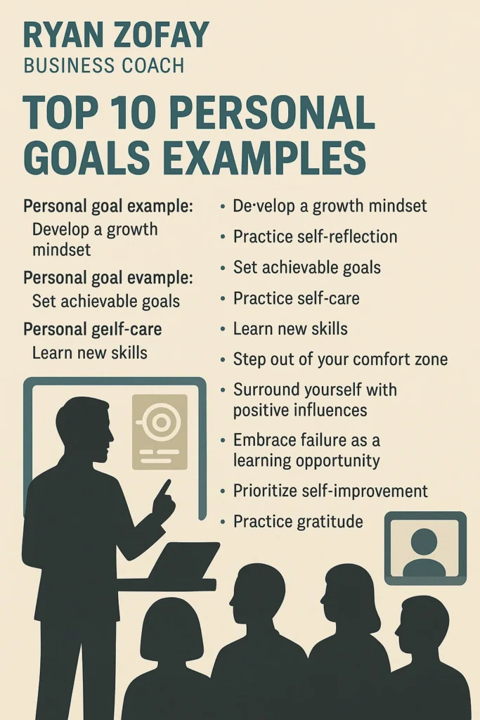 Infographic Ryan Zofay, business coach, Top 10 Personal Goals Examples. Use goal-setting worksheets to get started.