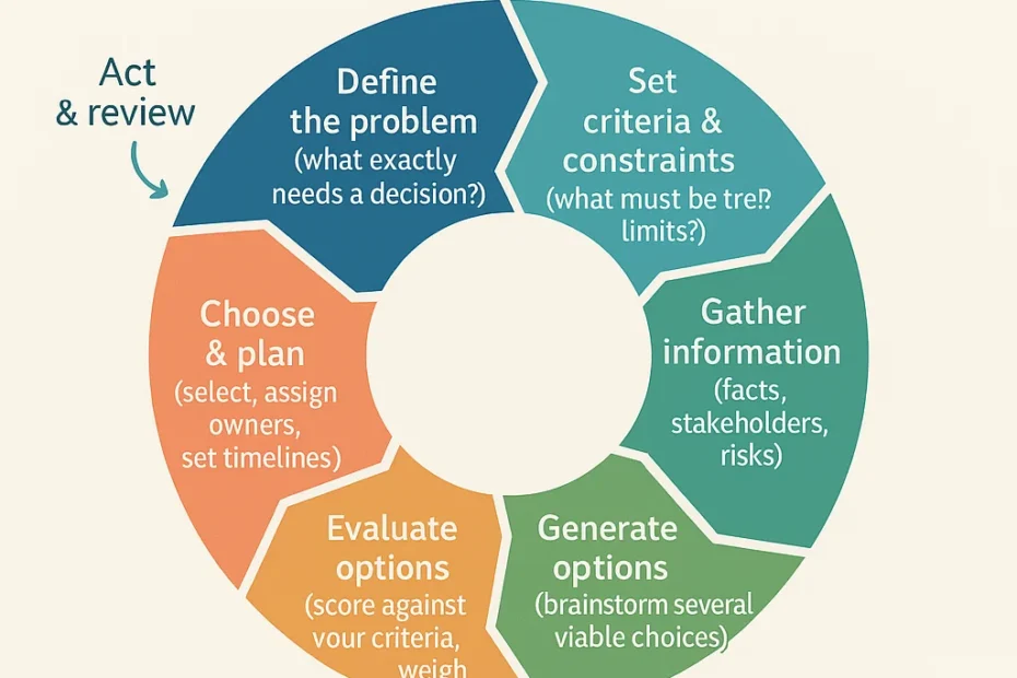 Decision making wheel infographic for best practices model decision making steps