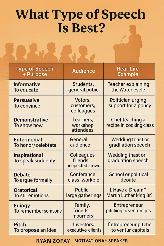 Infographic of what type of speech is that? What type of speech is best for your purpose? With examples and audience fit.