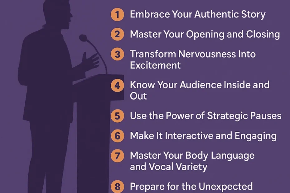 Infographic of Ryan Zofay's Top 10 Public Speaking Tips. Uncover How to Become a Good Public Speaker. Plus, find my bonus public speaking tip​ for influencing any audience.