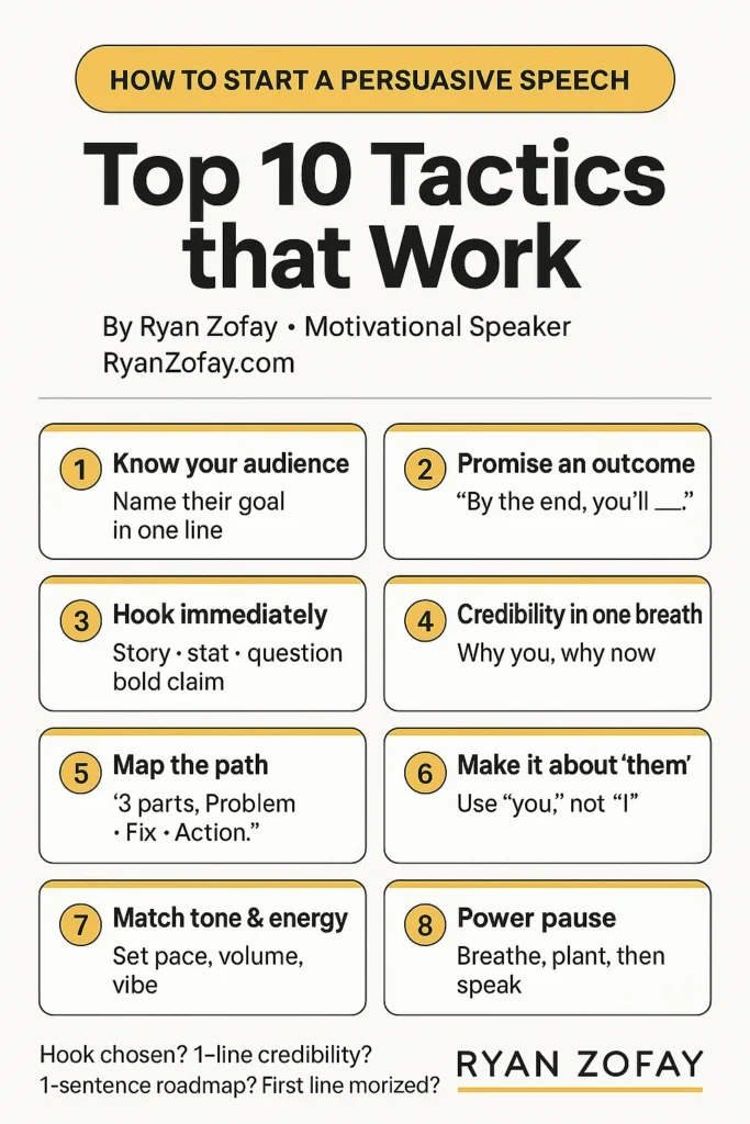 Continue reading below for the top 10 how to start of persuasive speech tactics for success. Apply these steps for how to start off a speech about yourself or for how to start a presentation speech, too.