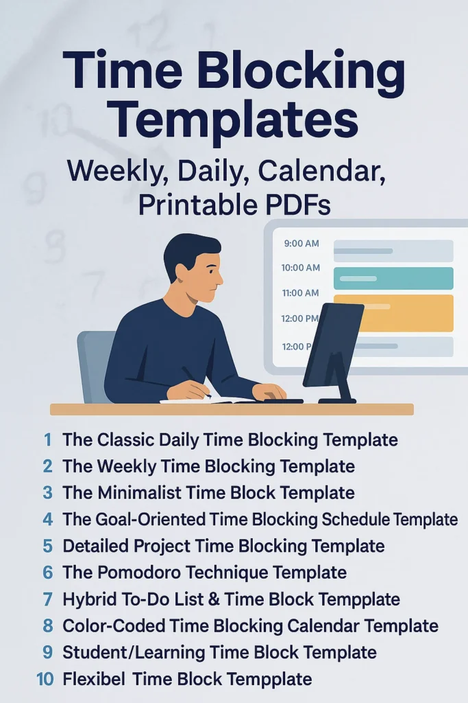 Discover my free top 10 time blocking templates, printables, and PDFs. From the weekly time blocking template​, the daily time blocking template​, the time block schedule template​, to the time blocking calendar template​.