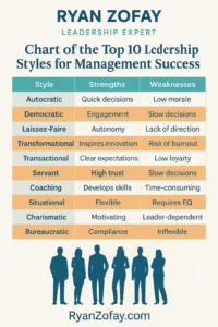 Top 10 different Types of Leadership Styles like autocratic leadership style to democratic leadership style to transformational leadership style